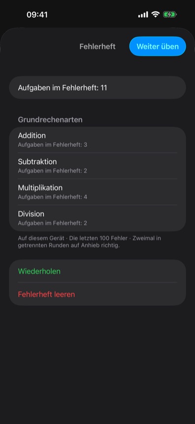 Fehlerheft mit den letzten Fehlern je Rechenart und Wiederholen-Knopf