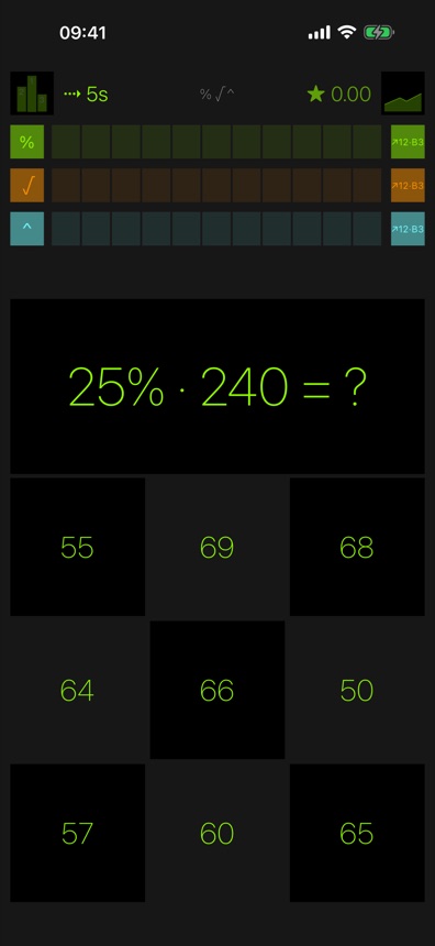 Exercise screen with percent, root and power