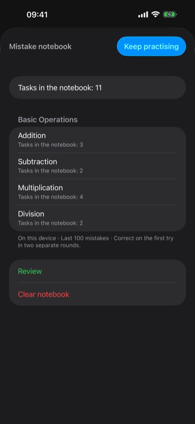 Mistake notebook with recent mistakes per operation and a review button