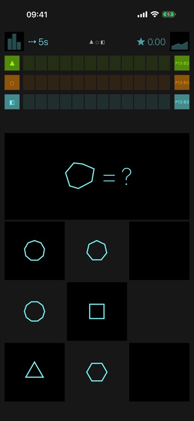 Pantalla de ejercicios de geometría: formas y ecuaciones con símbolos