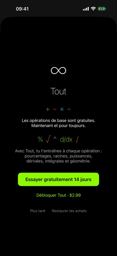 Écran d'accueil avec le pack Tout et l'essai de 14 jours